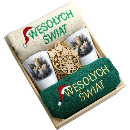 ZESTAW PREZENT ŚWIĄTECZNY KUBKI LATTE RĘCZNIKI W SKRZYNCE ŚWIĘTA MIKOŁAJ