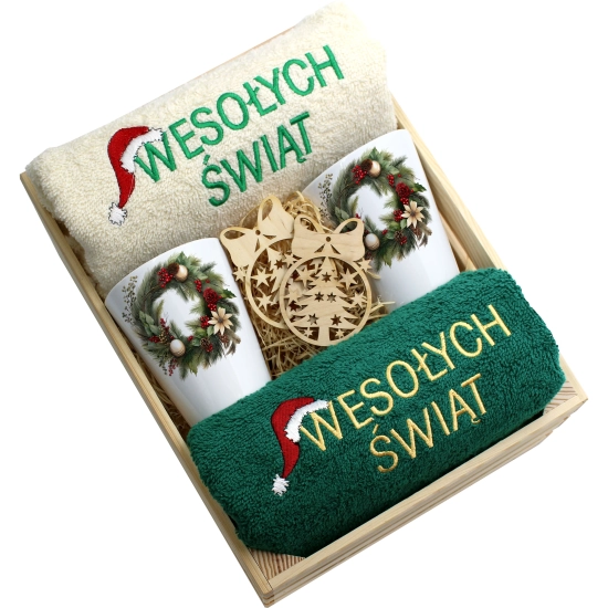 ZESTAW PREZENT ŚWIĄTECZNY KUBKI LATTE RĘCZNIKI W SKRZYNCE ŚWIĘTA MIKOŁAJ
