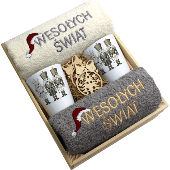 ZESTAW PREZENT ŚWIĄTECZNY KUBKI LATTE RĘCZNIKI W SKRZYNCE ŚWIĘTA MIKOŁAJ