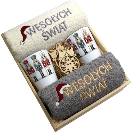 ZESTAW PREZENT ŚWIĄTECZNY KUBKI LATTE RĘCZNIKI W SKRZYNCE ŚWIĘTA MIKOŁAJ