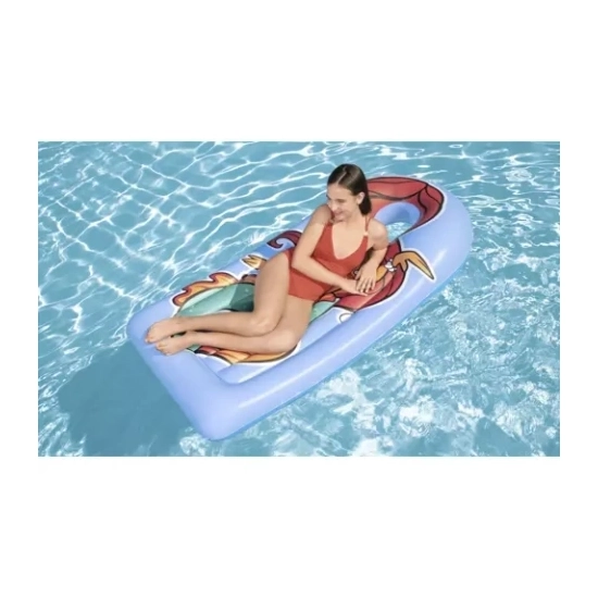 Kolorowy materac dmuchany Bestway 43421 z postacią i przezroczystym okienkiem, unoszący się na błękitnej wodzie