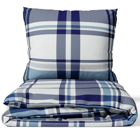 Złożony komplet pościeli J&W, doskonale prezentujący symetrię i męski urok klasycznego wzoru.