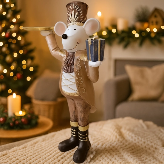 Figurka Świąteczna Myszka z Tacką 36 cm | Poliresin Premium