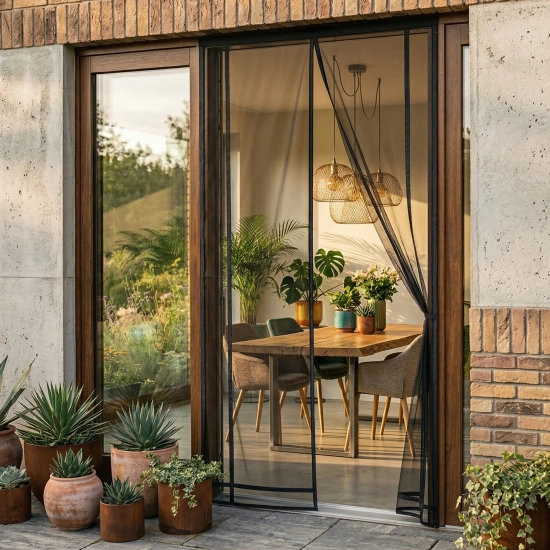 Otwarta na taras czarna moskitiera magnetyczna w drzwiach balkonowych z widokiem na stół jadalniany i rośliny