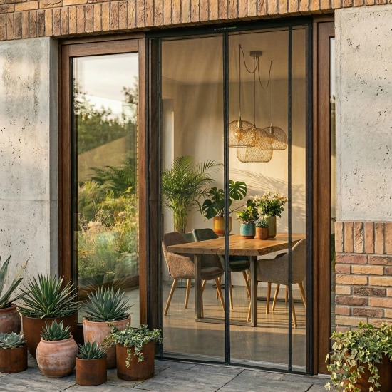 Szczelnie zamknięta czarna moskitiera magnetyczna na drzwiach tarasowych chroniąca salon przed owadami