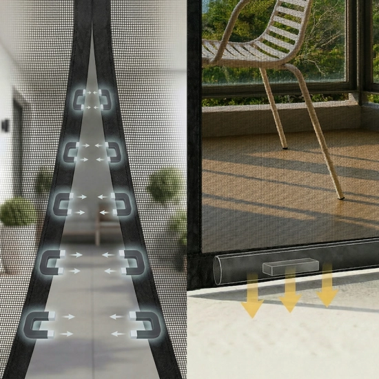 Schemat działania moskitiery magnetycznej pokazujący przyciągające się magnesy oraz obciążniki wszyte na dole siatki