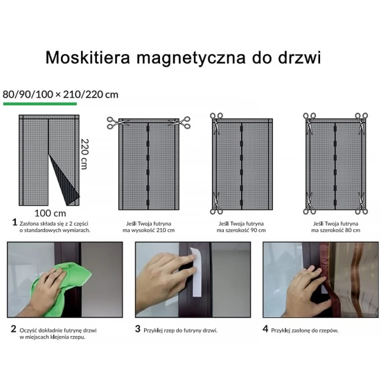 Instrukcja obrazkowa docinania i szybkiego montażu uniwersalnej moskitiery magnetycznej na drzwiach balkonowych