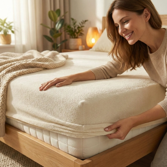 Kobieta zakładająca kremowe prześcieradło nieprzemakalne frotte ecru z gumką na materac w jasnej sypialni, polski produc