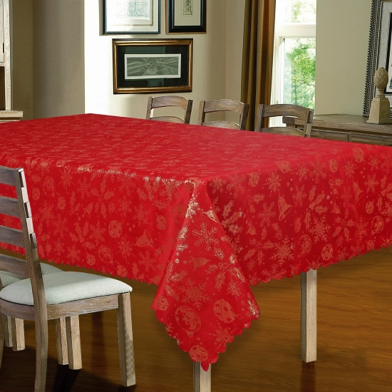 Czerwony obrus świąteczny w złote bombki, śnieżynki i gałązki 130x180 cm