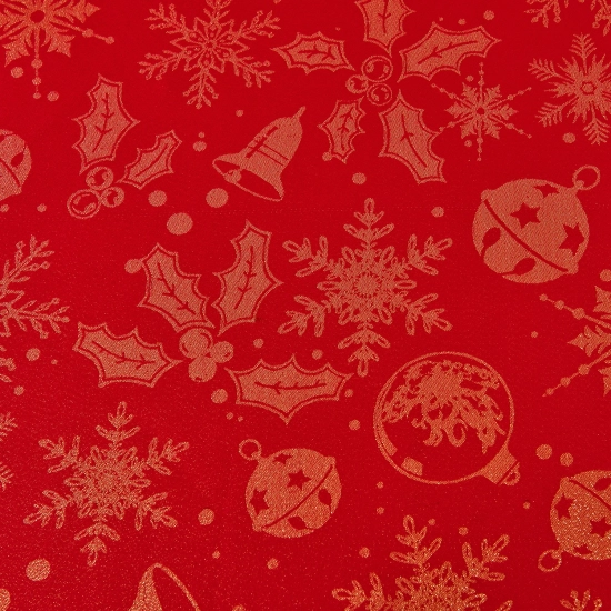 Elegancki obrus bożonarodzeniowy czerwony ze złotym wzorem bombek i gałązek