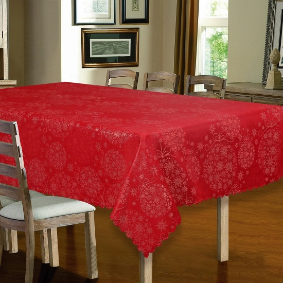 Czerwony obrus świąteczny w srebrne bombki i śnieżynki 160x240 cm
