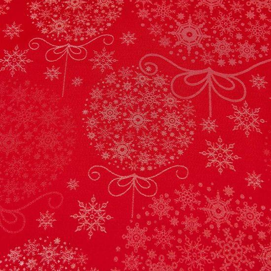 Dekoracyjny obrus świąteczny w srebrne wzory na czerwonym tle