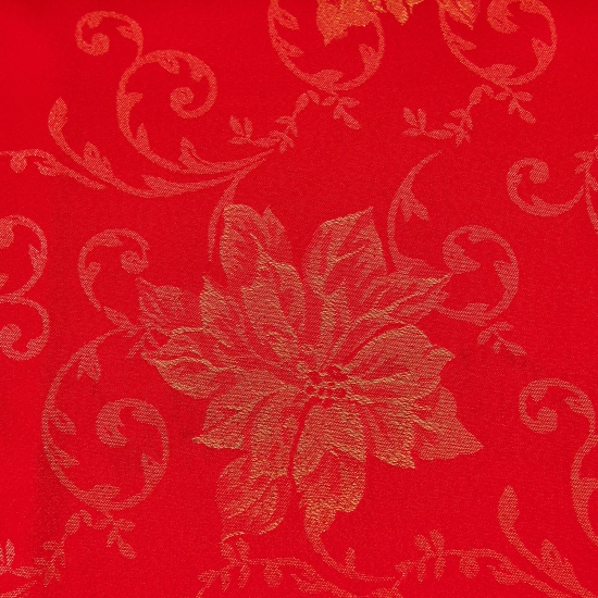 Elegancki obrus bożonarodzeniowy czerwony ze srebrnymi wzorami i połyskiem