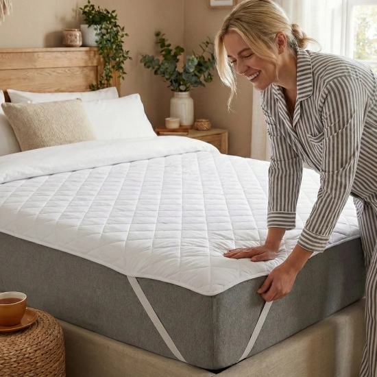 Uśmiechnięta kobieta w sypialni układa biały, pikowany ochraniacz na materac polskiej marki J&W