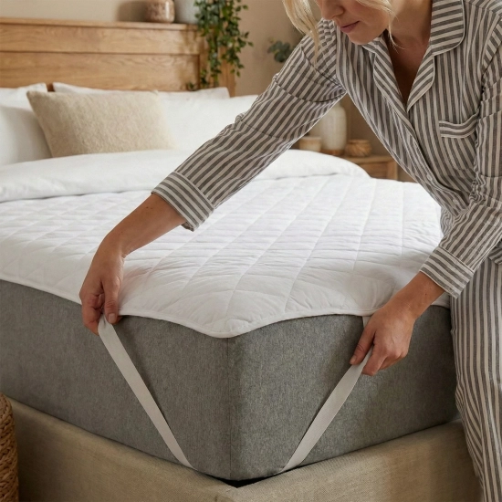 Zakładanie nieprzemakalnego ochraniacza na łóżko - zbliżenie na elastyczną gumkę mocującą