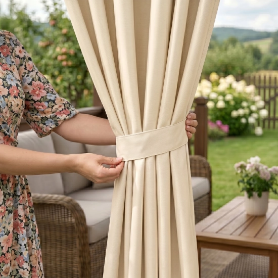 Sposób eleganckiego upięcia jasnej zasłony do altany za pomocą dołączonej do zestawu materiałowej szarfy
