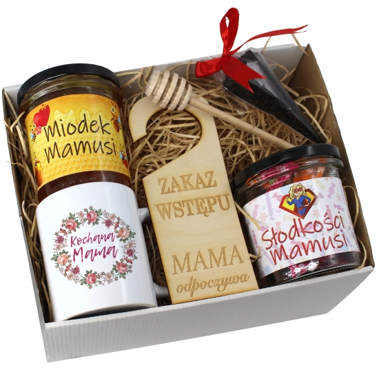 KOMPLET PREZENTOWY DLA MAMY KUBEK, MIÓD i SŁODYCZE PREZENT DZIEŃ MATKI MAMA