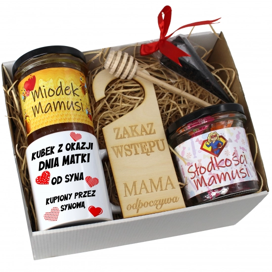 KOMPLET PREZENTOWY DLA MAMY KUBEK, MIÓD i SŁODYCZE PREZENT DZIEŃ MATKI MAMA