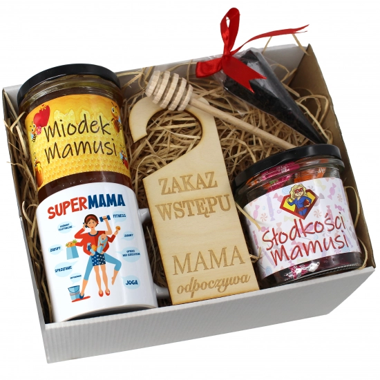 KOMPLET PREZENTOWY DLA MAMY KUBEK, MIÓD i SŁODYCZE PREZENT DZIEŃ MATKI MAMA
