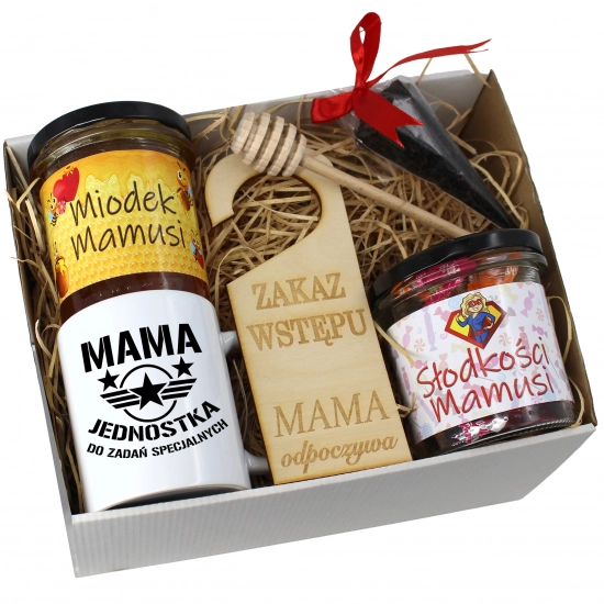 KOMPLET PREZENTOWY DLA MAMY KUBEK, MIÓD i SŁODYCZE PREZENT DZIEŃ MATKI MAMA