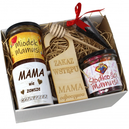 KOMPLET PREZENTOWY DLA MAMY KUBEK, MIÓD i SŁODYCZE PREZENT DZIEŃ MATKI MAMA