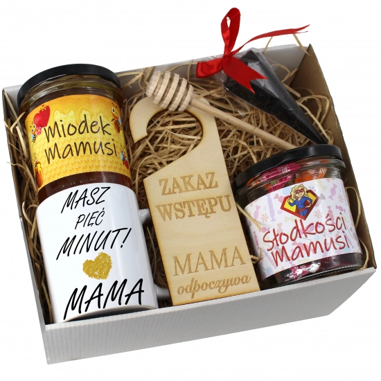 KOMPLET PREZENTOWY DLA MAMY KUBEK, MIÓD i SŁODYCZE PREZENT DZIEŃ MATKI MAMA