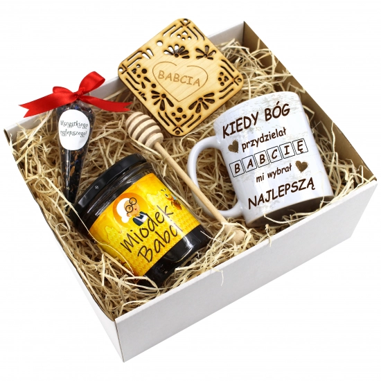 ZESTAW PREZENTOWY DLA BABCI KUBEK MIÓD HERBATA PODSTAWKA BABCIA UPOMINEK
