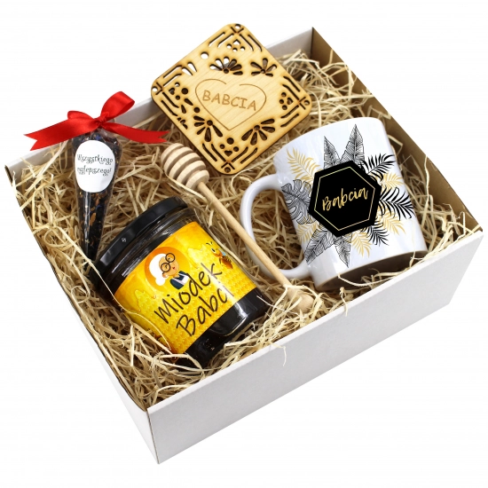 ZESTAW PREZENTOWY DLA BABCI KUBEK MIÓD HERBATA PODSTAWKA BABCIA UPOMINEK