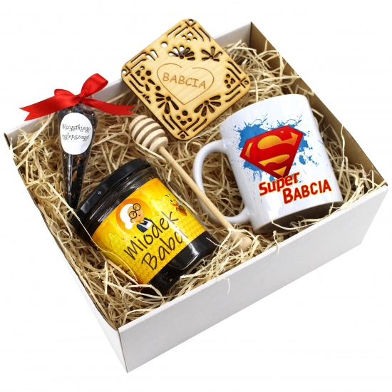 ZESTAW PREZENTOWY DLA BABCI KUBEK MIÓD HERBATA PODSTAWKA BABCIA UPOMINEK