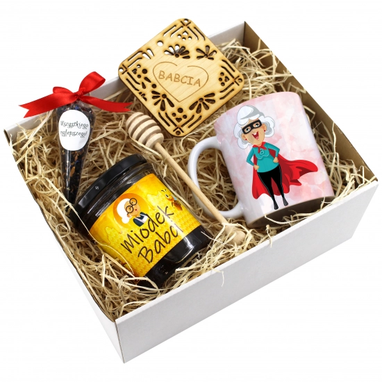 ZESTAW PREZENTOWY DLA BABCI KUBEK MIÓD HERBATA PODSTAWKA BABCIA UPOMINEK