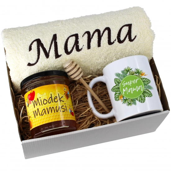 KOMPLET DLA MAMY RĘCZNIK Z HAFTEM + KUBEK + MIÓD PREZENT DZIEŃ MATKI MAMA