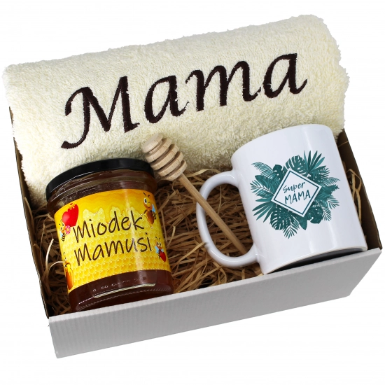 KOMPLET DLA MAMY RĘCZNIK Z HAFTEM + KUBEK + MIÓD PREZENT DZIEŃ MATKI MAMA