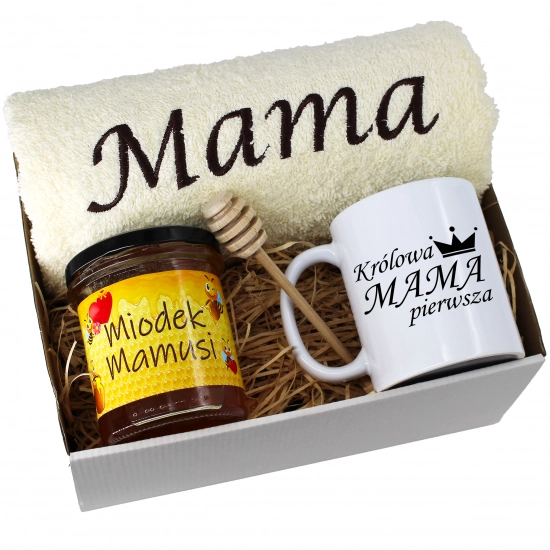 KOMPLET DLA MAMY RĘCZNIK Z HAFTEM + KUBEK + MIÓD PREZENT DZIEŃ MATKI MAMA