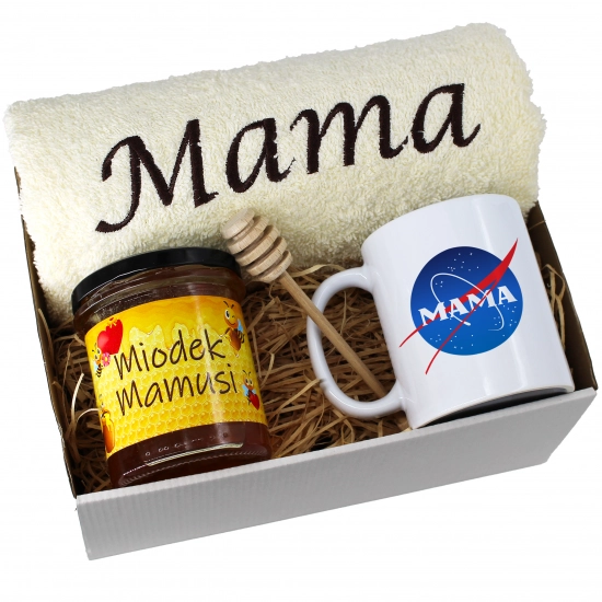 KOMPLET DLA MAMY RĘCZNIK Z HAFTEM + KUBEK + MIÓD PREZENT DZIEŃ MATKI MAMA