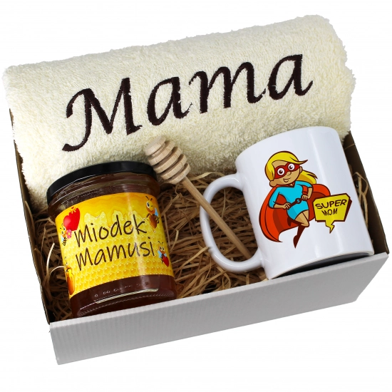 KOMPLET DLA MAMY RĘCZNIK Z HAFTEM + KUBEK + MIÓD PREZENT DZIEŃ MATKI MAMA