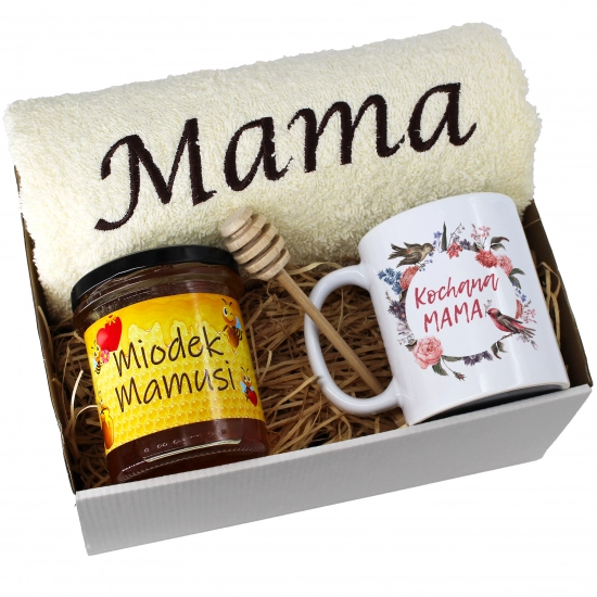 KOMPLET DLA MAMY RĘCZNIK Z HAFTEM + KUBEK + MIÓD PREZENT DZIEŃ MATKI MAMA