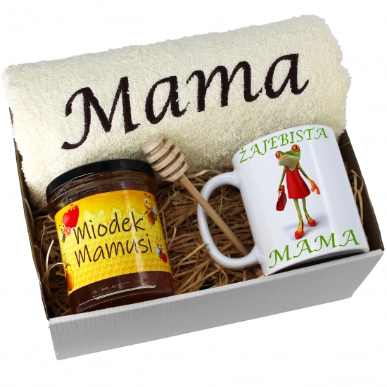 KOMPLET DLA MAMY RĘCZNIK Z HAFTEM + KUBEK + MIÓD PREZENT DZIEŃ MATKI MAMA