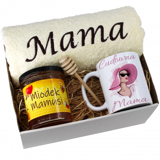 KOMPLET DLA MAMY RĘCZNIK Z HAFTEM + KUBEK + MIÓD PREZENT DZIEŃ MATKI MAMA