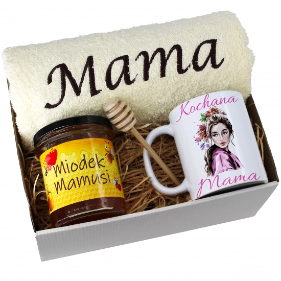 KOMPLET DLA MAMY RĘCZNIK Z HAFTEM + KUBEK + MIÓD PREZENT DZIEŃ MATKI MAMA