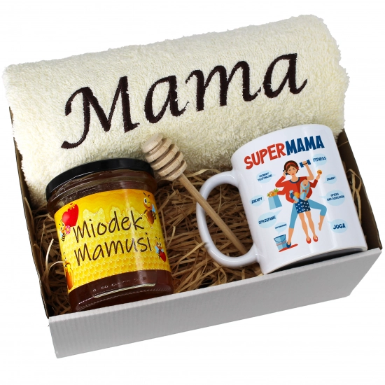 KOMPLET DLA MAMY RĘCZNIK Z HAFTEM + KUBEK + MIÓD PREZENT DZIEŃ MATKI MAMA