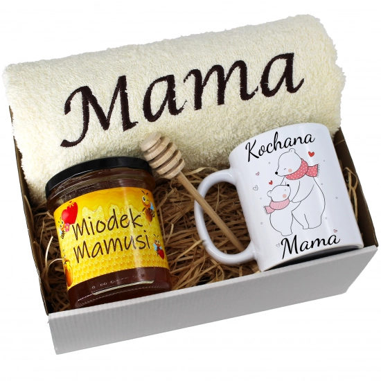 KOMPLET DLA MAMY RĘCZNIK Z HAFTEM + KUBEK + MIÓD PREZENT DZIEŃ MATKI MAMA