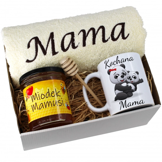 KOMPLET DLA MAMY RĘCZNIK Z HAFTEM + KUBEK + MIÓD PREZENT DZIEŃ MATKI MAMA