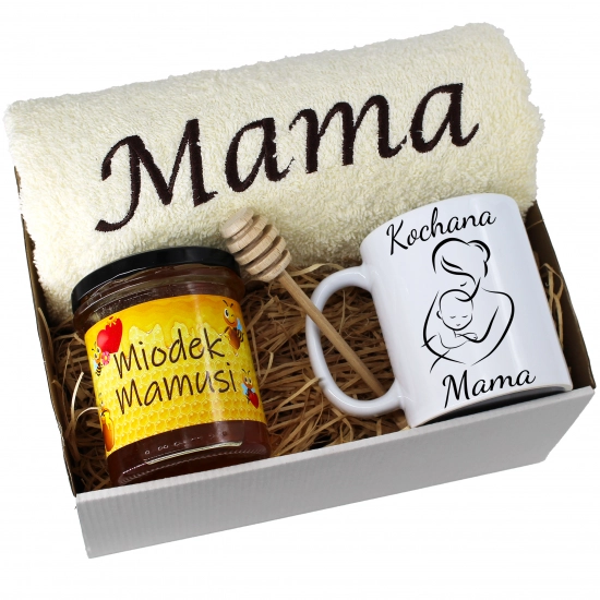 KOMPLET DLA MAMY RĘCZNIK Z HAFTEM + KUBEK + MIÓD PREZENT DZIEŃ MATKI MAMA