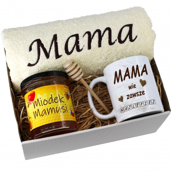 KOMPLET DLA MAMY RĘCZNIK Z HAFTEM + KUBEK + MIÓD PREZENT DZIEŃ MATKI MAMA