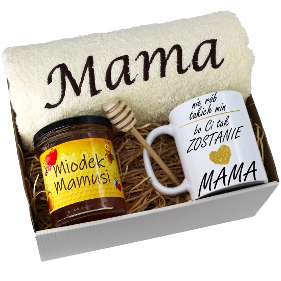 KOMPLET DLA MAMY RĘCZNIK Z HAFTEM + KUBEK + MIÓD PREZENT DZIEŃ MATKI MAMA