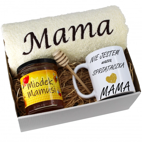 KOMPLET DLA MAMY RĘCZNIK Z HAFTEM + KUBEK + MIÓD PREZENT DZIEŃ MATKI MAMA
