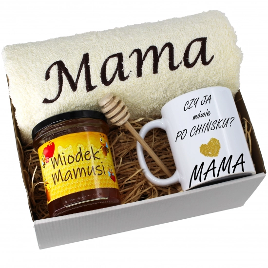 KOMPLET DLA MAMY RĘCZNIK Z HAFTEM + KUBEK + MIÓD PREZENT DZIEŃ MATKI MAMA