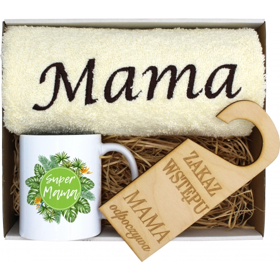 KOMPLET DLA MAMY RĘCZNIK Z HAFTEM + KUBEK 330ml NA PREZENT DZIEŃ MATKI MAMA