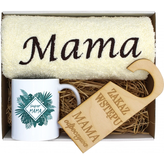 KOMPLET DLA MAMY RĘCZNIK Z HAFTEM + KUBEK 330ml NA PREZENT DZIEŃ MATKI MAMA