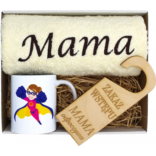 KOMPLET DLA MAMY RĘCZNIK Z HAFTEM + KUBEK 330ml NA PREZENT DZIEŃ MATKI MAMA